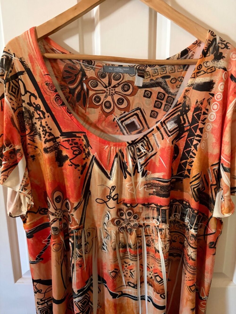 NY Collection Woman Size 3X Orange Abstract-print Blouse Flutter Sleeves Top